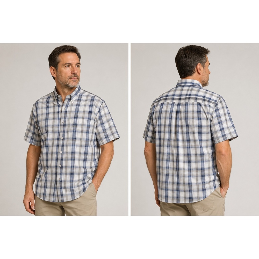 Wolverine Men's Large Plaid Button Front Short Sleeve Shirt Gray Blue Cotton...